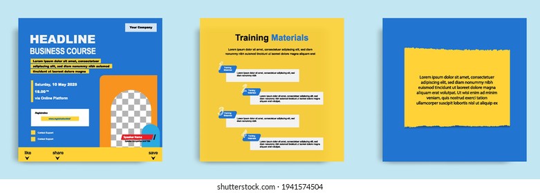 Colección de paquetes de plantillas de publicaciones en medios sociales en azul y amarillo. Diseño para seminarios web en vivo en línea, conferencia, capacitación, seminario, curso y video de aprendizaje. Un estilo sobrio y minimalista.