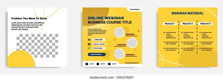 Set bundle collection of social media post template in blue and yellow. Layout for online live webinar, conference, training, seminar, course, and learning video. Minimal modern and simple style.