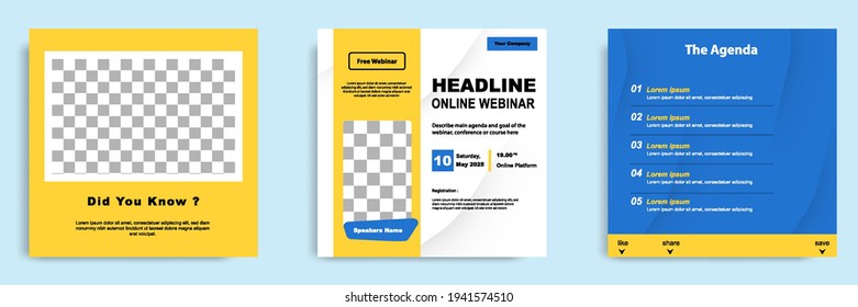 Set bundle collection of social media post template in blue and yellow. Layout for online live webinar, conference, training, seminar, course, and learning video. Minimal modern and simple style.
