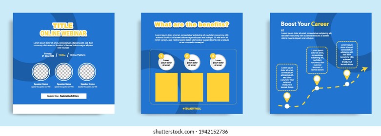 Colección de paquetes de plantillas de publicaciones en medios sociales en azul y amarillo. Diseño para seminarios web en vivo en línea, conferencia, capacitación, seminario, curso y video de aprendizaje. Un estilo sobrio y minimalista.