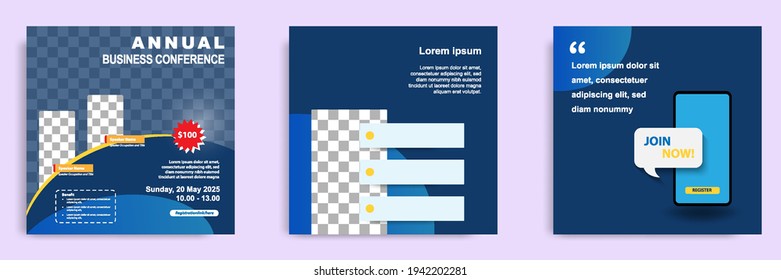 Colección de paquetes de plantillas de publicaciones en medios sociales en azul y amarillo. Diseño para seminarios web en vivo en línea, conferencia, capacitación, seminario, curso y video de aprendizaje. Un estilo sobrio y minimalista.