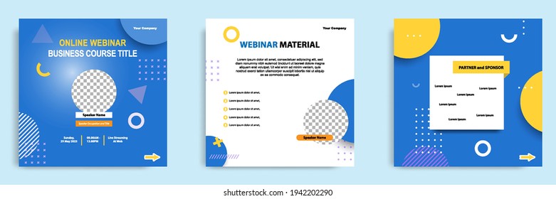 Set Bundle Collection Of Social Media Post Template In Blue And Yellow. Layout For Online Live Webinar, Conference, Training, Seminar, Course, And Learning Video. Minimal Modern And Simple Style.