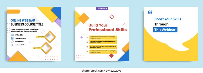 Set bundle collection of social media post template in blue and yellow. Layout for online live webinar, conference, training, seminar, course, and learning video. Minimal modern and simple style.