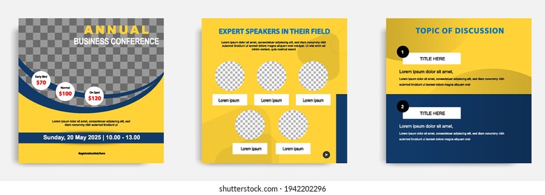 Colección de paquetes de plantillas de publicaciones en medios sociales en azul y amarillo. Diseño para seminarios web en vivo en línea, conferencia, capacitación, seminario, curso y video de aprendizaje. Un estilo sobrio y minimalista.