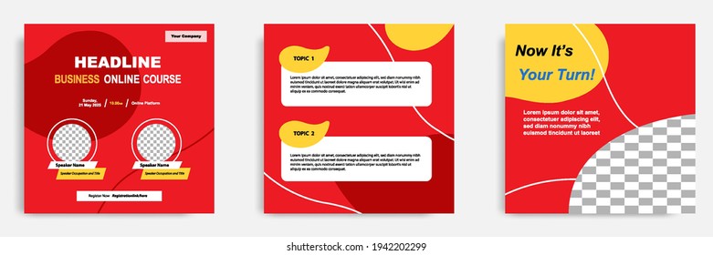 Set bundle collection of social media post template in red color. Layout for online webinar, conference, training, seminar, course, and learning video. Minimal modern and simple style.