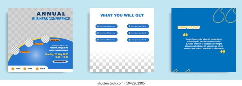 Set bundle collection of social media post template in blue and yellow. Layout for online live webinar, conference, training, seminar, course, and learning video. Minimal modern and simple style.