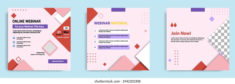 Set bundle collection of social media post template in purple, red, white. Layout for online live webinar, conference, training, seminar, course, and learning video. Minimal modern and simple style.