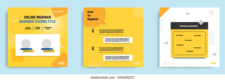 Colección de paquetes de plantillas de publicaciones en medios sociales en azul y amarillo. Diseño para seminarios web en vivo en línea, conferencia, capacitación, seminario, curso y video de aprendizaje. Un estilo sobrio y minimalista.