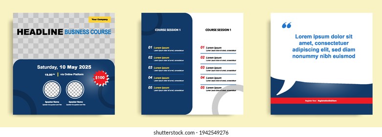 Establecer una colección de paquetes de la plantilla de publicación de medios sociales. Diseño para seminarios web en línea, conferencia, capacitación, seminario, curso y video de aprendizaje. Decoración sobria y minimalista en tonos azules