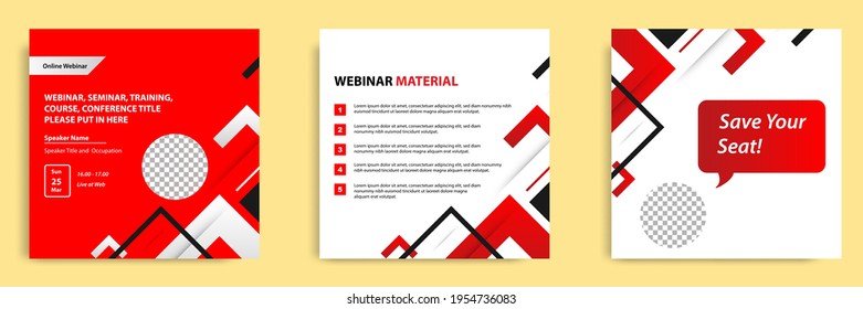 Set bundle collection of social media post template. Layout for online webinar, conference, training, seminar, course, and learning video. Minimal modern and simple style in red white color.