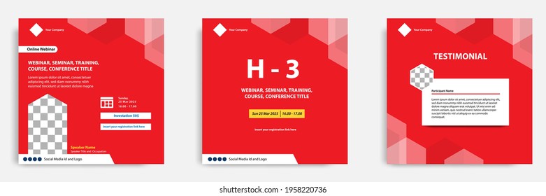Set bundle collection of social media post template. Layout for online webinar, conference, training, seminar, course, and learning video. Minimal modern and simple style in red white color.