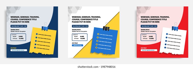 Set bundle collection of social media post template. Layout for online webinar, conference, training, seminar, course, and learning video. Minimal modern and simple style in red blue yellow color.