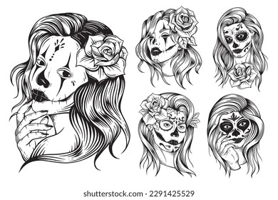 Set Bundle Collection Sugar skull girl Muertos girl face with flower roses painting Lady vintage style illustration