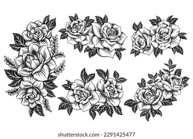 Set Bundle Collection Vintage beautiful flowers Rose elements Flowers bouquet stem for tattoo hand drawn style