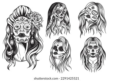 Colección Set BundleCalavera sugar chica Skull Girl Muertos vintage con ilustración de tatuaje de máscara de cráneo