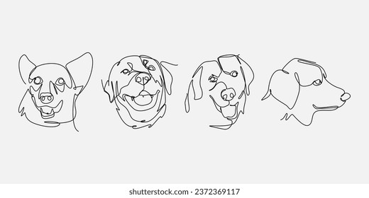 set bundle of continuous line drawing of several dog heads. editable stroke. vector illustration