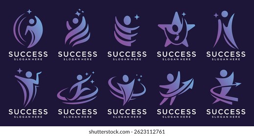 set of bundle creative success people logo with right arrow concept design, reaching star dream.