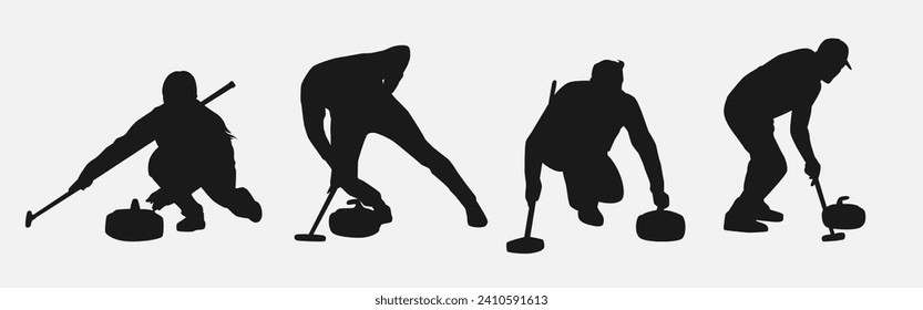 conjunto de siluetas deportivas de curling. ilustración vectorial.