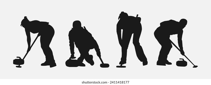 conjunto de siluetas deportivas de curling. ilustración vectorial.