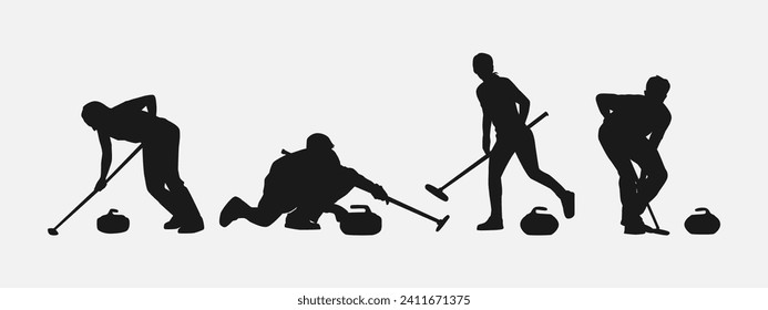 conjunto de siluetas deportivas de curling. ilustración vectorial.