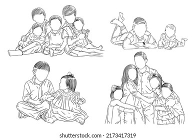 Set Bundle Cute Feliz Hermano Hermano y Hermana Hija e hijo Niños de la familia Línea de Arte Dibujar ilustración