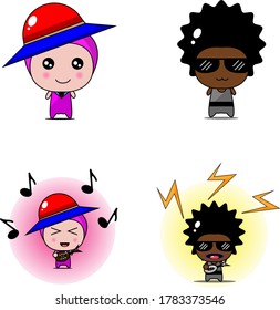 A set bundle of cute kids character and their hobby of music