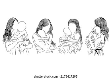 Set Bundle Cute Mother and Baby Born Happy Family Mom and Kids women empower baby birth line art hand drawn style