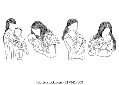 Set Bundle Cute Mother and Baby Born Happy Family Mom and Kids women empower baby birth line art hand drawn style