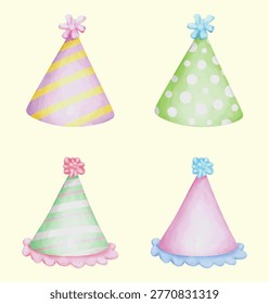 Set Bundle Cute Pastel Party Hats Watercolor Illustration Birthday Party Decoration Set