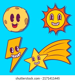 set bundle cute retro cartoon of space object