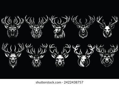 Set Bundle Dark Art Deer Stag Beast With Big Horn Animal Skull Horror Vintage Grunge Style illustration for Merch