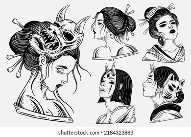 Set Bundle Dark Art Horror Japanese Geisha Girl Tattoo Hand Drawn Engraving Style