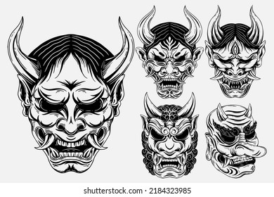 Set Bundle Dark Art Japanese Devil Oni Mask Tattoo Hand Drawn Engraving Style