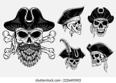 Set Bundle Dark Art Skull piratas capitán Skeleton Vintage ilustración para ropa