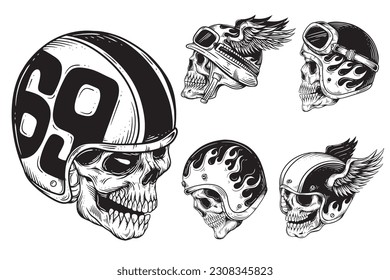 Set Bundle Dark art Skull Rider Man Face bikers retro Vintage Tattoo Helmet Motorcycle ilustración