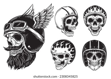 Set Bundle Dark art Skull Rider Man Face bikers retro Vintage Tattoo Helmet Motorcycle custom illustration