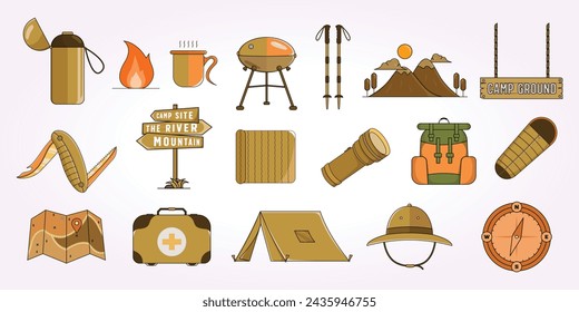 set bundle diseño vector logo icono acampar al aire libre. ilustración vintage de vacaciones