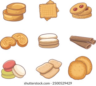 set of bundle French style cookie biscuit cute hand drawn doodle art bakery dessert bun cartoon collection