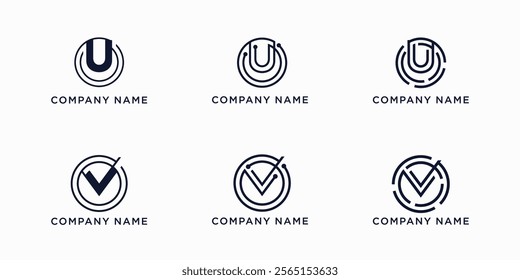 Set bundle global tech letters U and V logo design