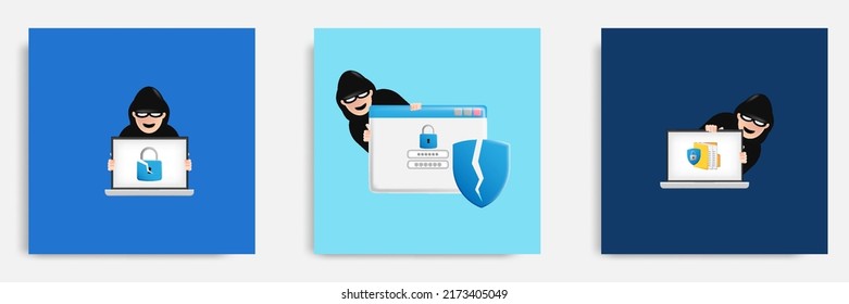 Set Bundle Of Hacker Theft Personal Data Identity And File Breach. 3D Cartoon Vector Design Illustration