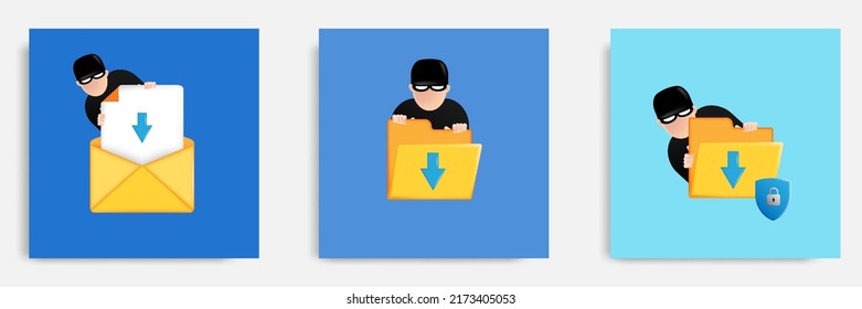 Set bundle of hacker theft personal data folder file document and mail breach. 3D cartoon vector design illustration