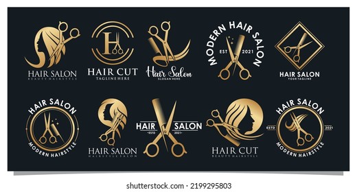 Set bundle hair salon logo design and golden gradient color concept Premium Vector 1
