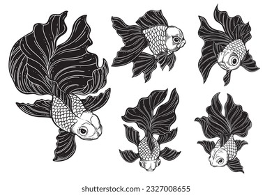 Set Bundle Hand Drawn Gold Fish Aquatic Black Vintage Dark Art para la ilustración Tattoo and Clothing