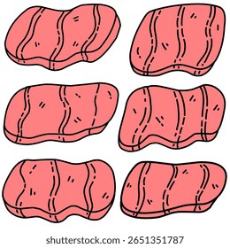 Set of bundle hand-drawn pattern of cartoon-style raw salmon slices with wavy lines and bold outlines