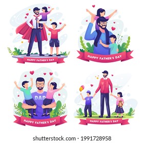 Set bundle of Happy father's day with Father playing with his childrens. Flat vector illustration	