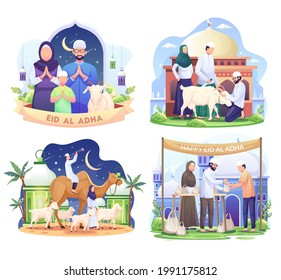 Set Bundle of Happy Muslim family celebrates Eid Al Adha Mubarak with a goat in a front mosque. Flat vector illustration