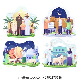 Set Bundle of Happy Muslim family celebrates Eid Al Adha Mubarak with a goat in a front mosque. Flat vector illustration