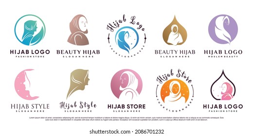 Set bundle of hijab logo design for muslim woman with creative element Premium Vector