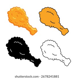 Conjunto de Paquete de pollo frito de comida rápida Icon en contorno, silueta, diseño aislado de Vector de estilo plano y sólido	