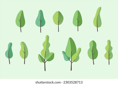 Set bundle illustration of vector trees flat style. Suitable for project floral and botanical, town or city design, forest or nature landscapes.